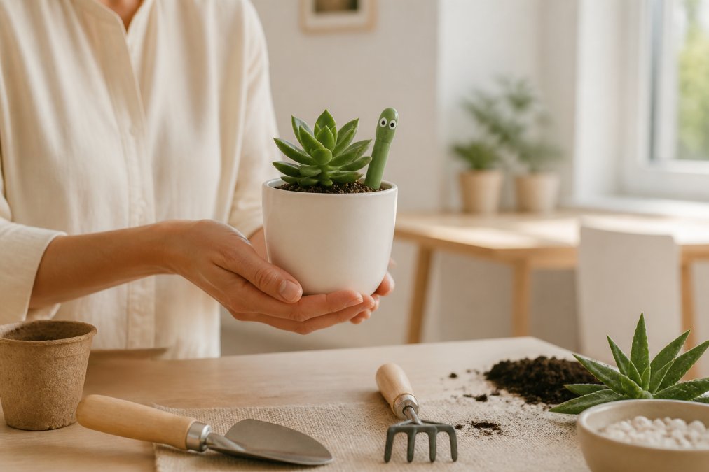 Hands holding small potted succulent next to Willy the Garden Worm water sensor in bright minimalist home interior with neutral tones and natural light