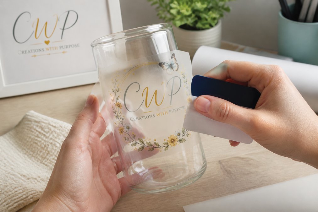 Close-up of hands carefully applying a UVDTF element sheet to a clean glass tumbler surface, showing proper alignment and burnishing technique with a squeegee tool