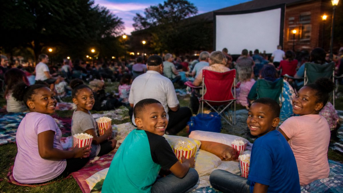 Elementary students and families gathered outdoors at a movie night event with a projection screen, blankets, and smiling children enjoying popcorn together under evening sky