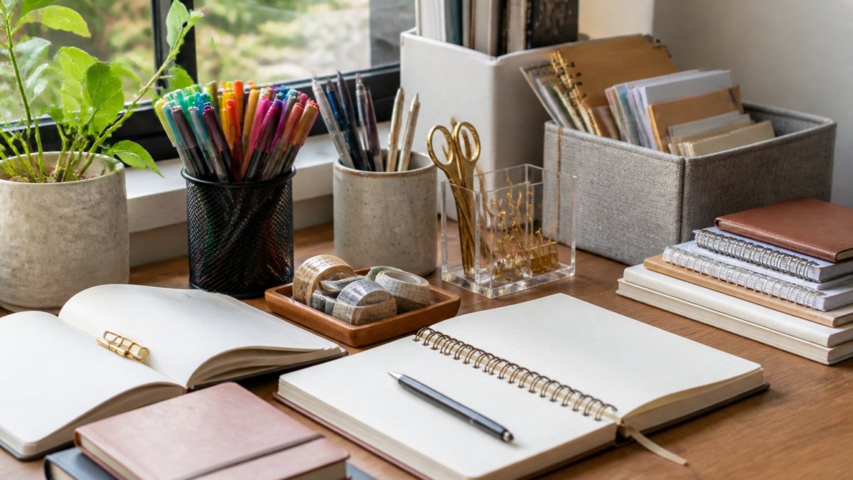 Organized workspace with open notebooks, quality pens in various colors, stacked paper goods, and desk organizers arranged on a wooden desk with soft natural window lighting
