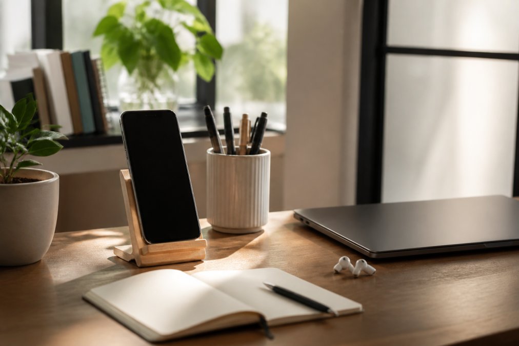 A tidy desk featuring creative stationery, a phone stand, and a laptop bathed in warm natural light.