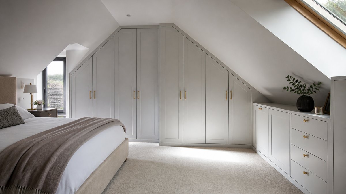Professional loft bedroom with fitted wardrobes built into eaves, showing custom storage maximising sloping ceiling space while maintaining organised, elegant aesthetic with soft natural lighting