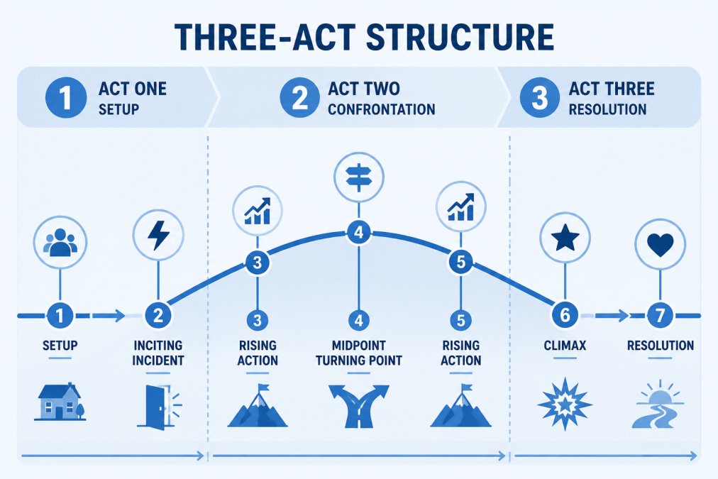Flowchart showing three-act structure with setup leading to inciting incident, then act two showing rising action and midpoint turning point, then act three showing climax and resolution, with key story beats marked at each stage