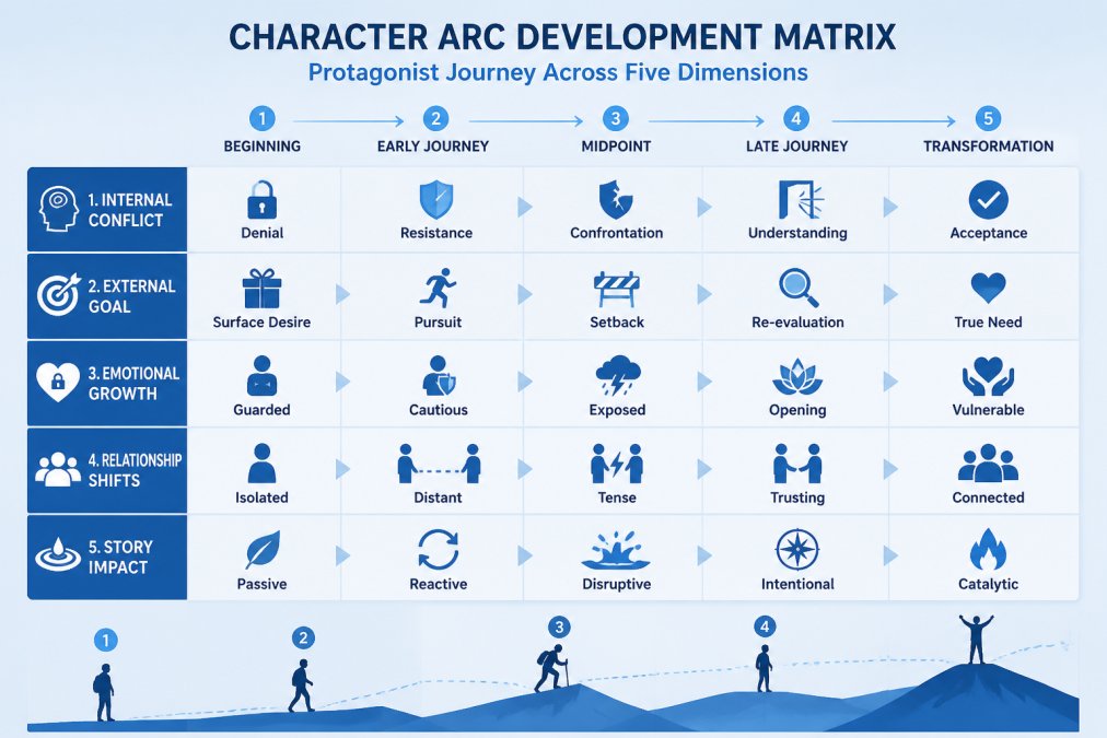 Character development matrix showing protagonist journey across five dimensions: internal conflict ranging from denial to acceptance, external goal from surface desire to true need, emotional growth from guarded to vulnerable, relationship shifts from isolated to connected, and story impact from passive to catalytic