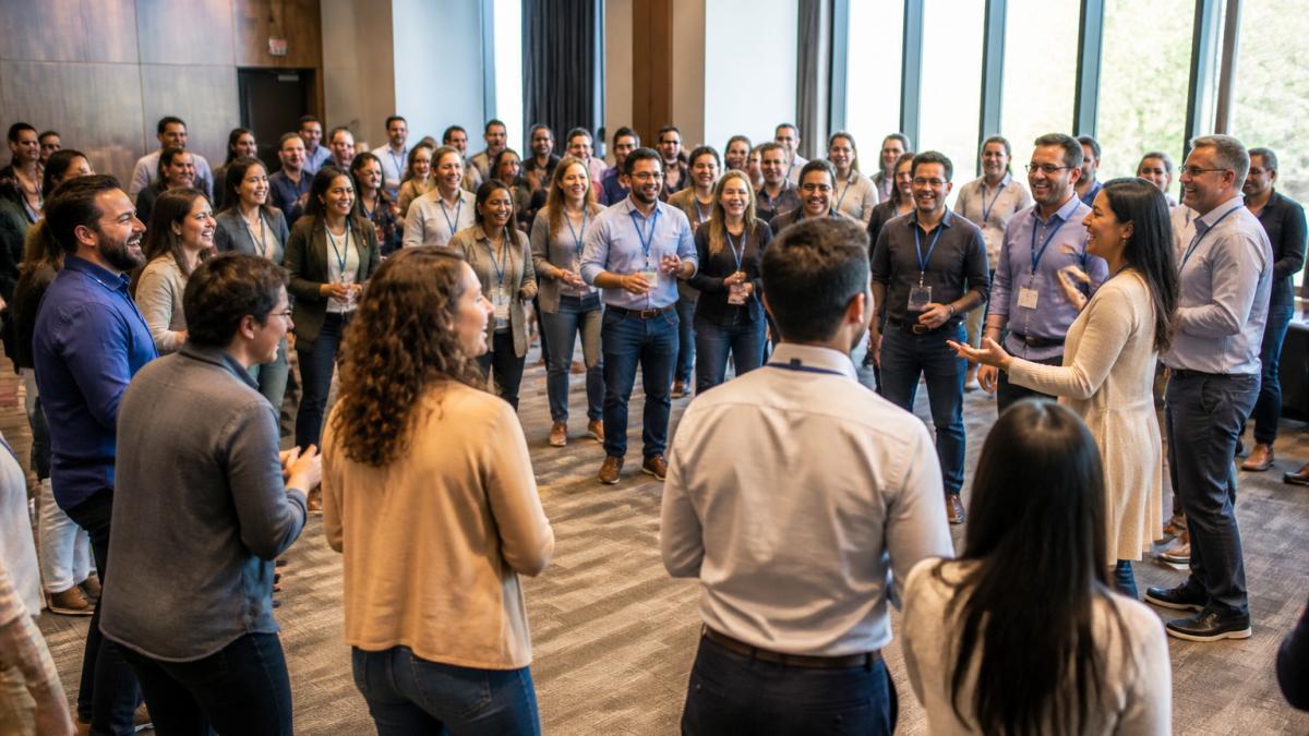 Diverse professionals laughing while participating in team building exercises led by a facilitator in a large room.