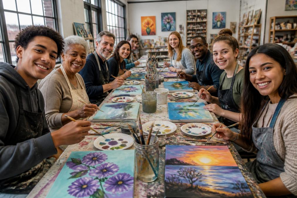 Infographic illustrating art-based creative team building ideas for church groups through a collaborative painting process.