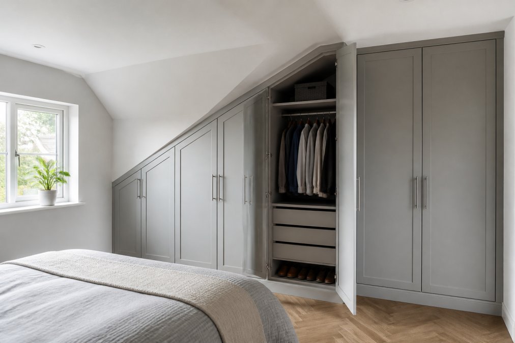 Modern bedroom with a custom fitted wardrobe built into a sloping ceiling, showing how bespoke design maximizes an awkward space with light grey cabinetry and internal shelving