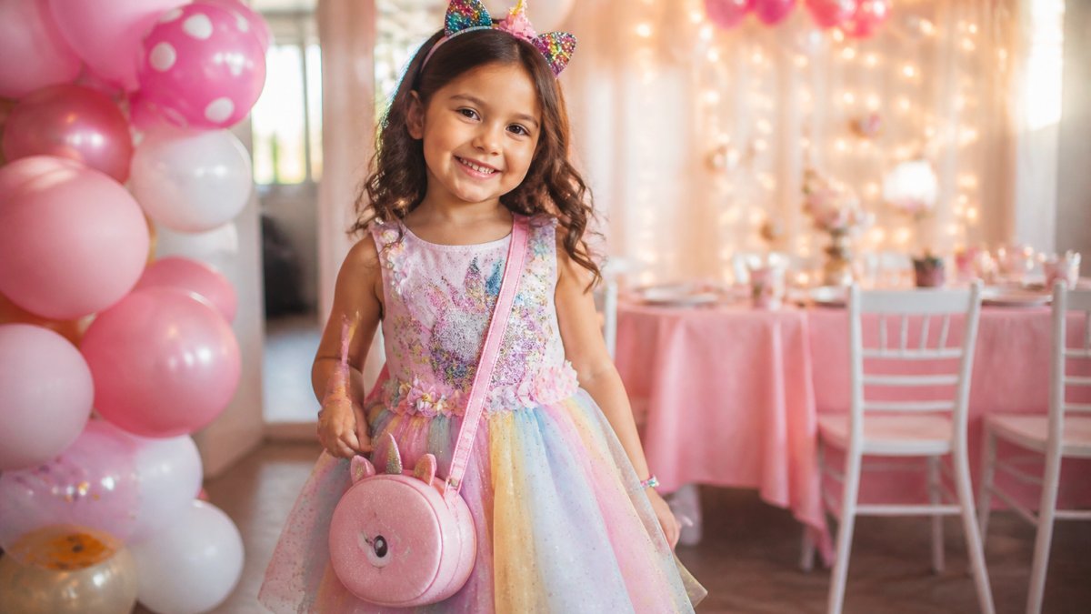 Smiling child in a colorful birthday dress with a sparkly hairband and fun crossbody bag at a party with balloons
