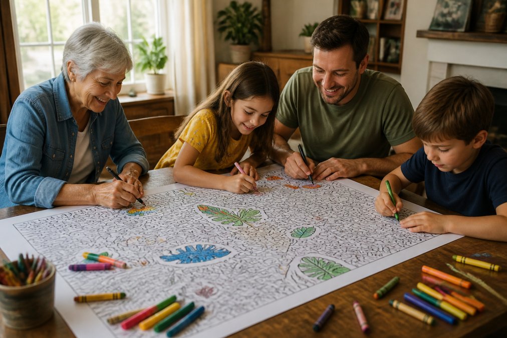 Infographic showing creative ways to bond through a family coloring project on a large sheet at a wooden table.