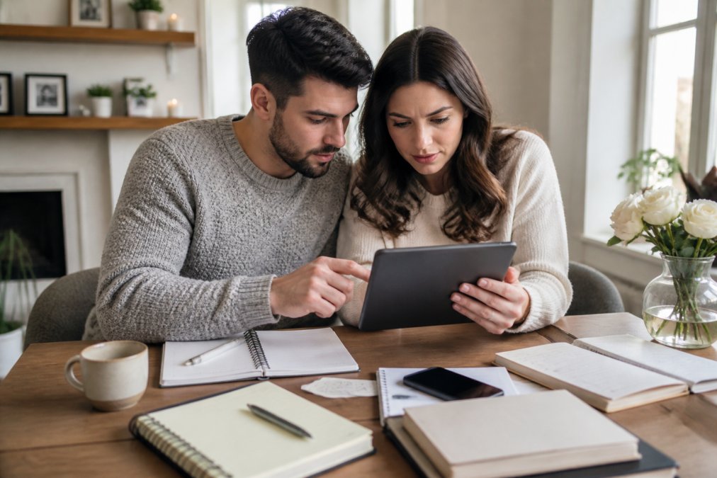 Engaged couple reviewing guest list and seating chart together on a tablet, sitting at a home desk with wedding planning materials and notebooks nearby, natural window lighting