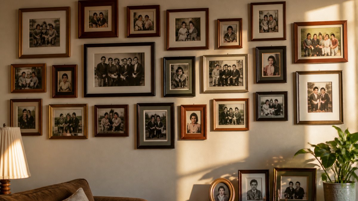 Gallery wall featuring a mix of vintage black-and-white and color family photographs in varied frames.