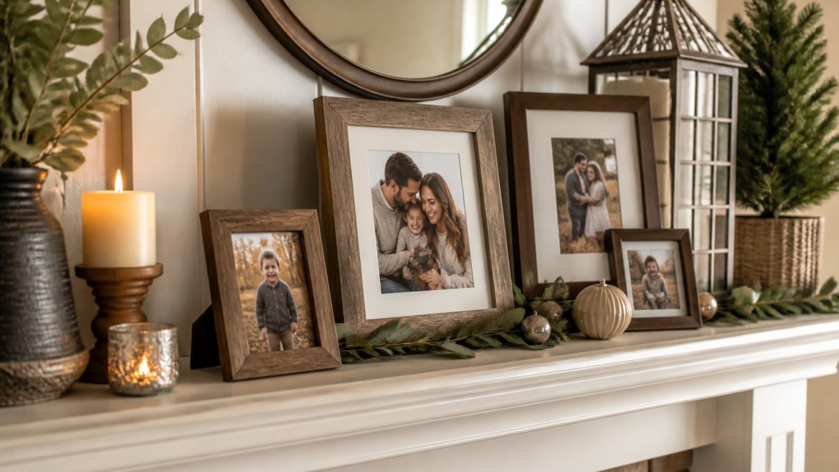Framed photos and ornaments arranged on a mantelpiece with warm lighting
