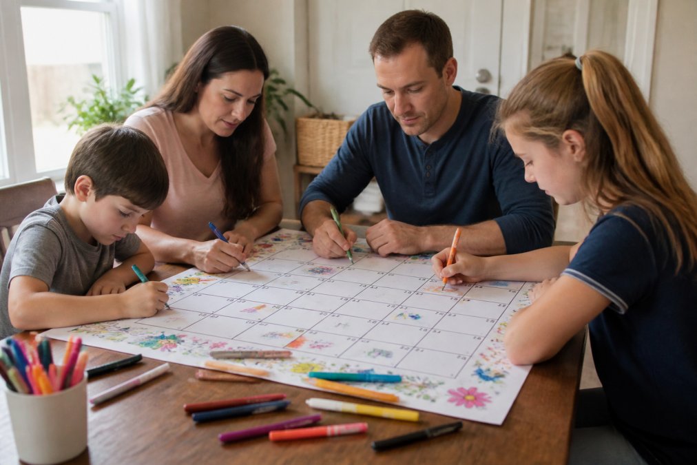 Family gathered around a large table-sized coloring sheet calendar, with multiple family members using different colored markers and crayons to plan upcoming events and activities, sitting together at a wooden table with natural afternoon lighting