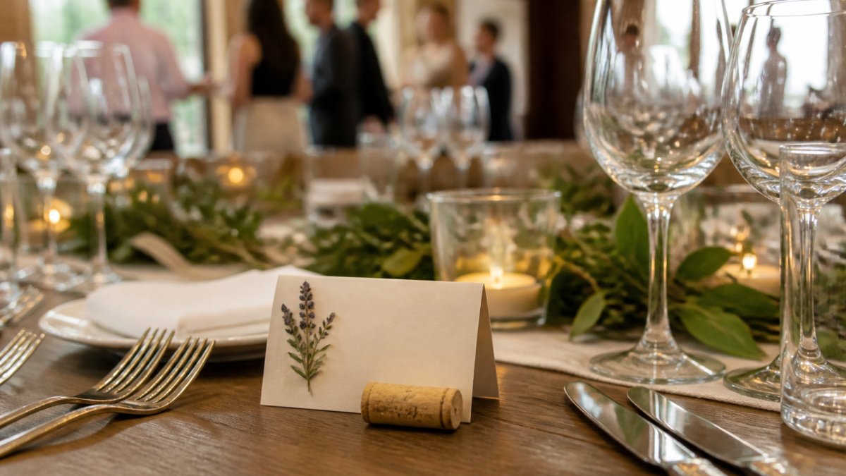 Close-up of personalized place cards with guest names and small decorative elements on an elegantly set table at a private event venue, with soft natural lighting and blurred background of other guests