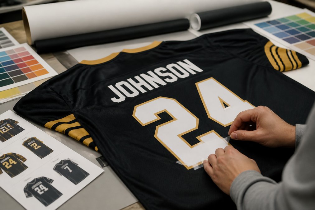 Close-up of a personalized team jersey laid flat on a design surface with player names and numbers being applied, showing color swatches and design mockups nearby