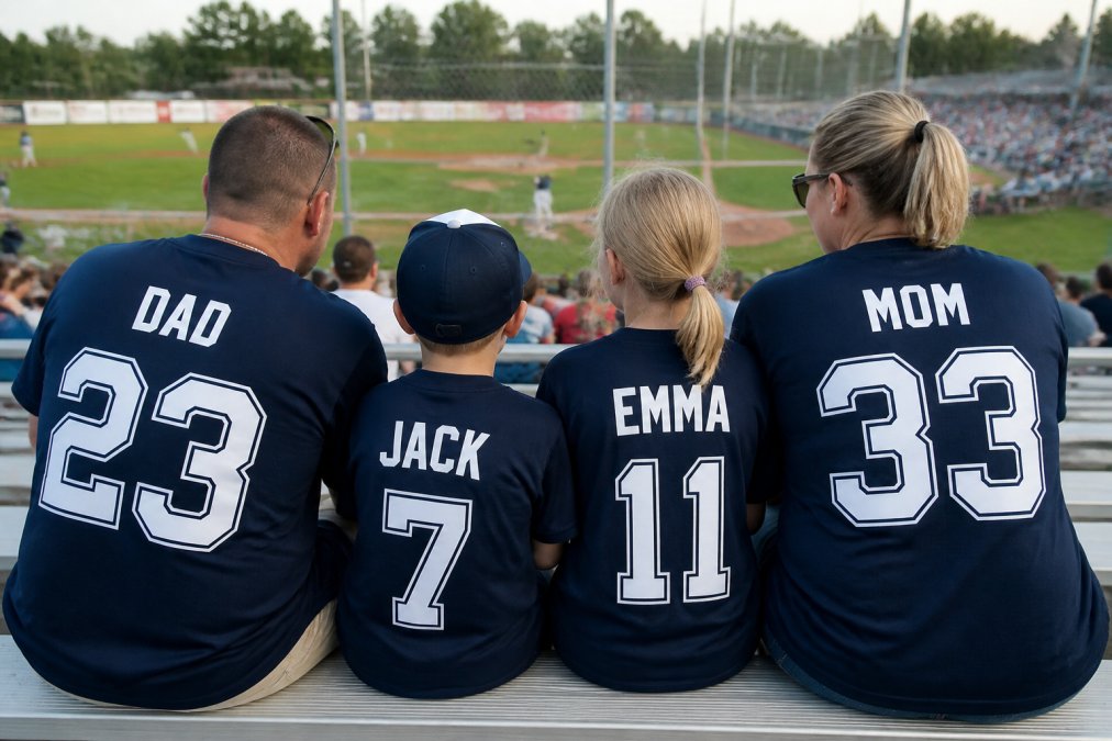Family members wearing matching personalized jerseys at a baseball game, sitting in bleachers with visible player names and numbers on the back, showing the personalization in action