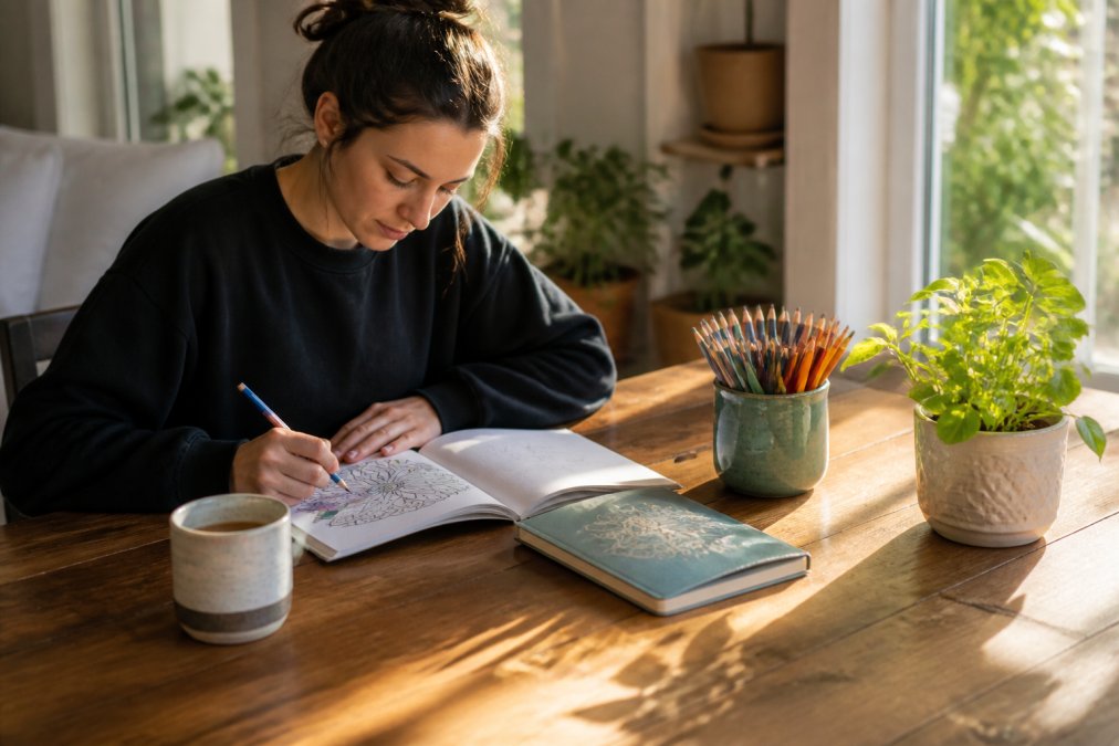 Infographic showing a process for daily mindfulness through coloring, journaling, and warm beverage breaks at a desk.