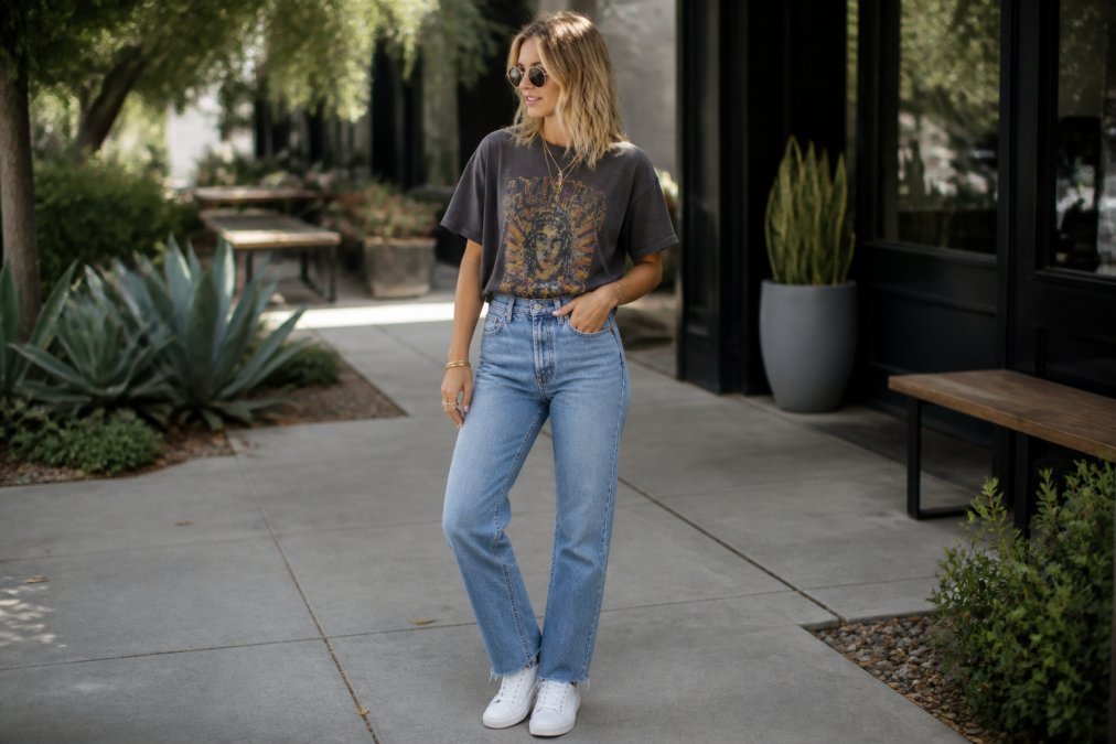 Person wearing vintage graphic tee with a French tuck styled with high-waisted denim jeans and white sneakers, standing casually in natural outdoor lighting