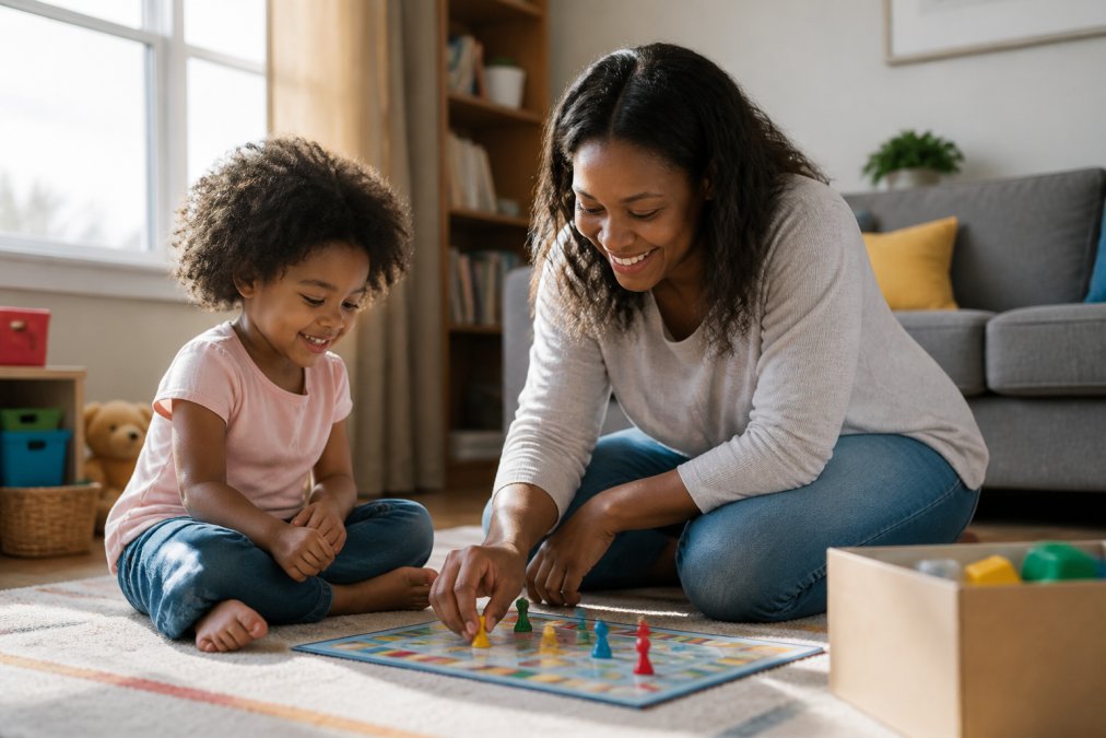 A parent and child sitting on a living room floor playing a simple turn-taking board game, both smiling, warm natural light through a window, toys and books nearby