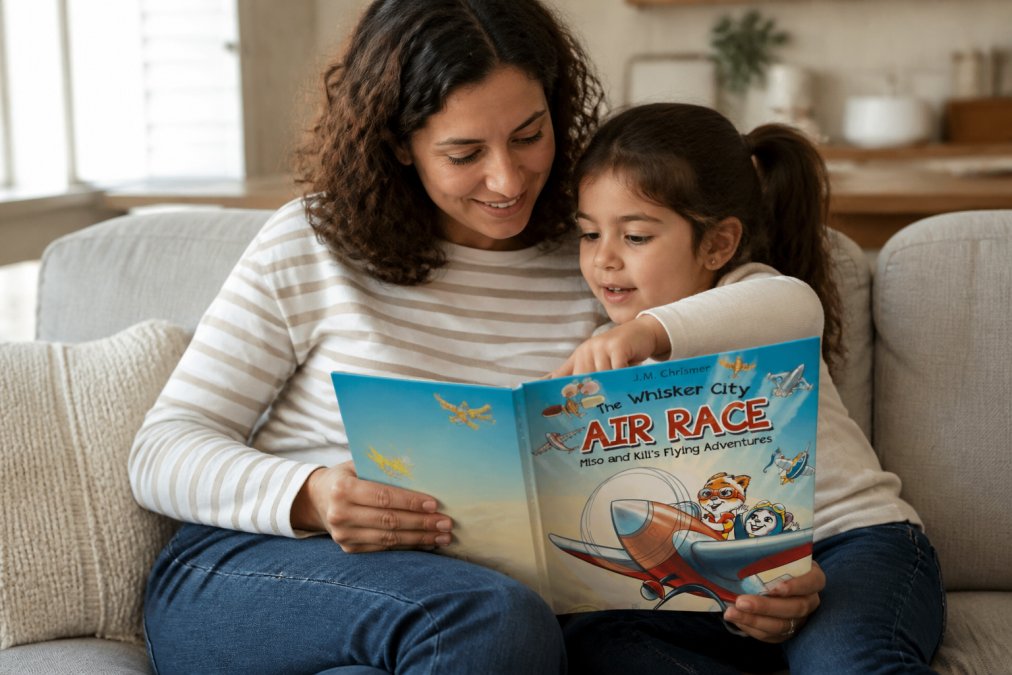 Parent and child sitting together on a couch reading a picture book, child pointing at characters in the story with engaged expression