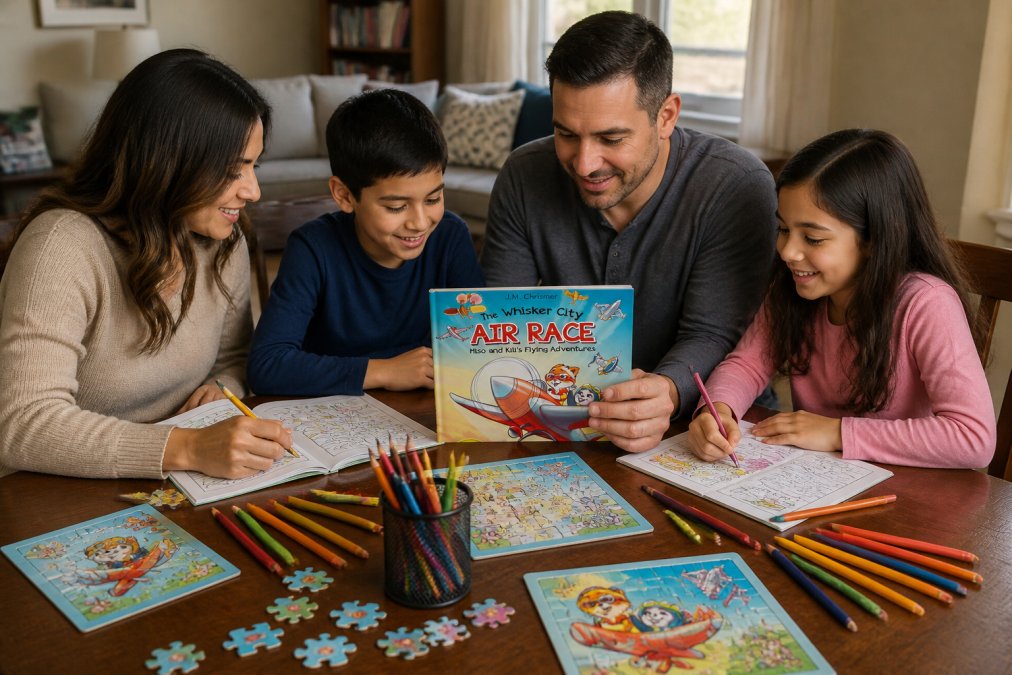Family sitting around a table with activity books, coloring supplies, and puzzles spread out, working together on creative projects