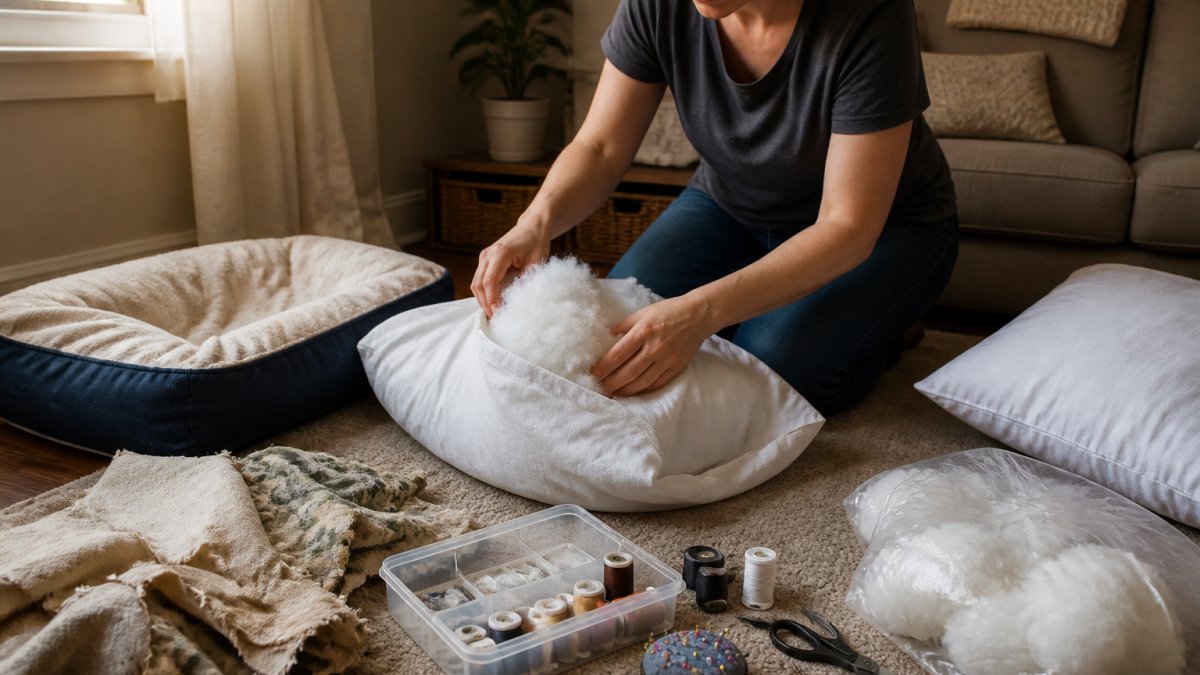 A person kneeling on a living room floor stuffing a clean pillowcase with reclaimed cushion filling, sewing kit and fabric scraps spread nearby, soft afternoon light from a window