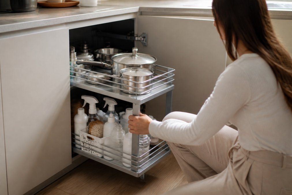 A person kneeling in front of an open blind corner kitchen cabinet, sliding out a two-tier metal pull-out organizer filled with pots and cleaning supplies, bright natural light in a modern minimalist kitchen