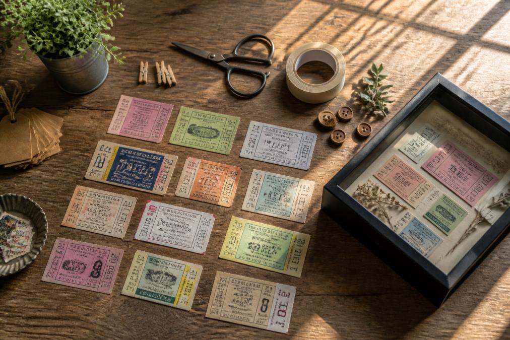 Flat lay of colorful concert and sports ticket stubs arranged on a rustic wooden surface alongside crafting supplies including scissors, acid-free mounting tape, a shadow box frame, and small decorative elements under warm natural window light