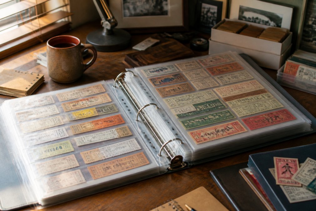 Open binder with clear archival polypropylene page protectors holding rows of neatly organized concert and sports ticket stubs, placed on a wooden home office desk beside a ceramic coffee mug in warm morning light