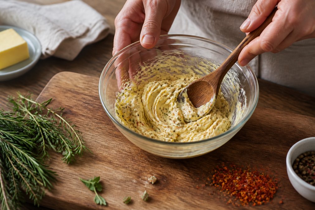 Hands mixing vibrant spice blend into softened pale yellow butter on a wooden cutting board, with fresh herbs scattered nearby and a wooden spoon resting in the mixture