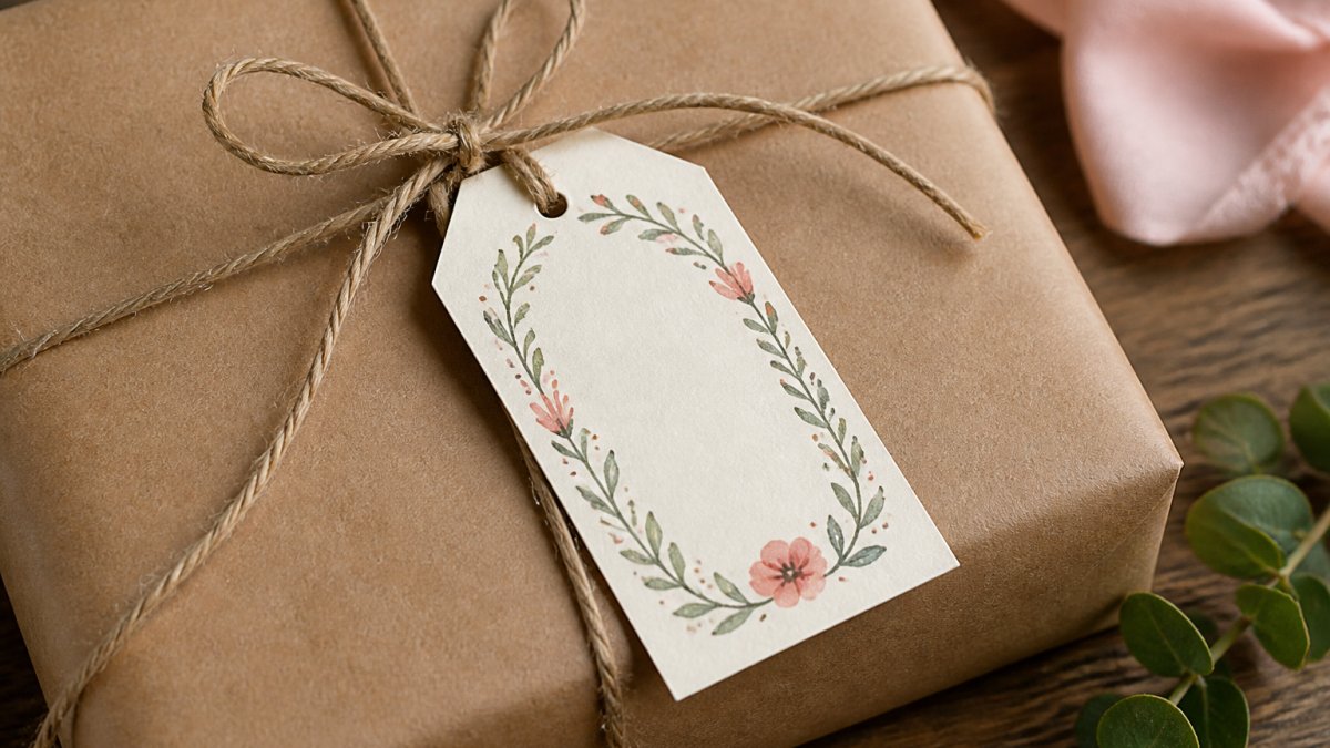 Close-up of a hand-lettered gift tag in calligraphy on cream cardstock with decorative floral border, tied with natural twine to a kraft paper-wrapped package