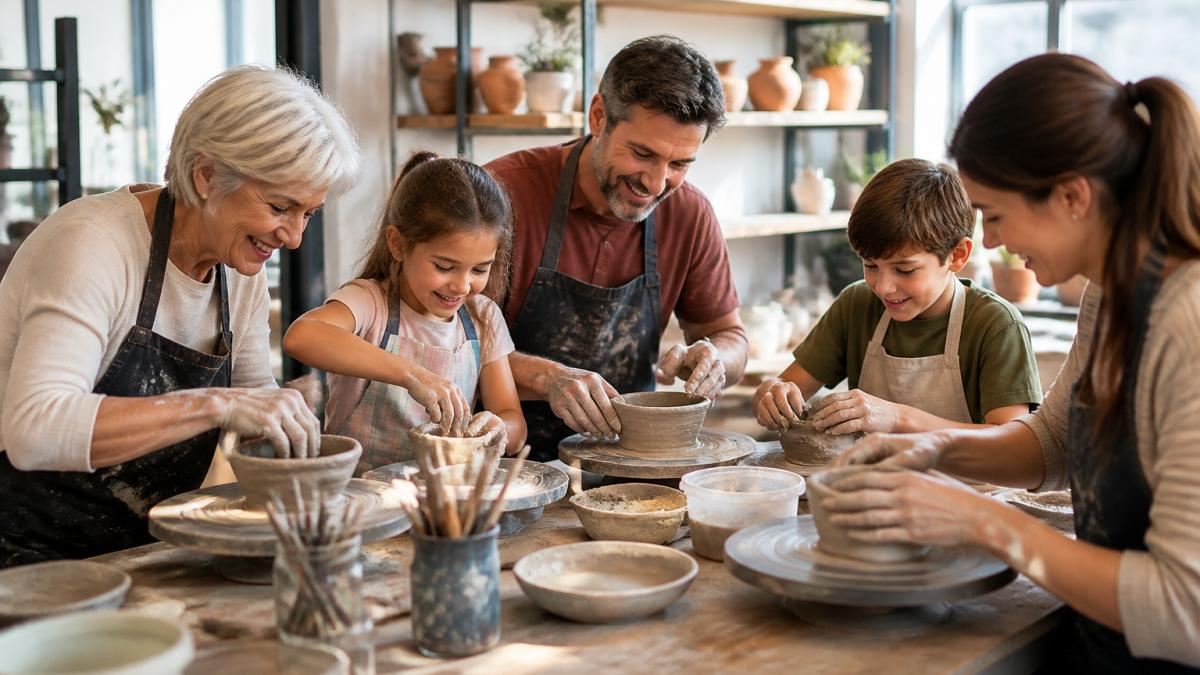 A family of mixed ages working together on pottery at a studio table, hands shaping clay, smiling and engaged, with natural light from windows