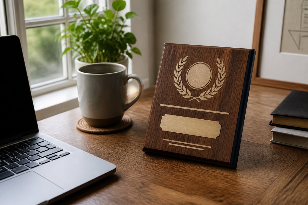 Close-up of a custom engraved wooden plaque with employee name and years of service displayed on a home office desk next to a laptop and coffee cup, with natural window lighting