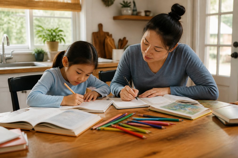 Parent and child sitting at a wooden kitchen table with open storybooks, notebooks, and colored pencils spread between them, natural sunlight streaming through a window, both focused on writing together