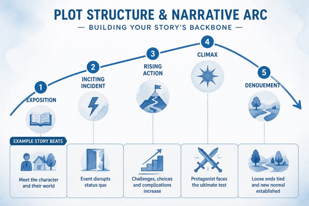 Watercolour diagram showing narrative arc with five key points: exposition, inciting incident, rising action, climax, and denouement marked on a curved line, with example story beats for a character journey