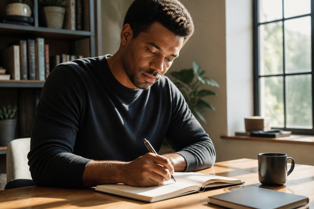 A writer sitting at a wooden desk with a notebook and pen, morning light streaming through a window, coffee cup nearby, focused expression while writing