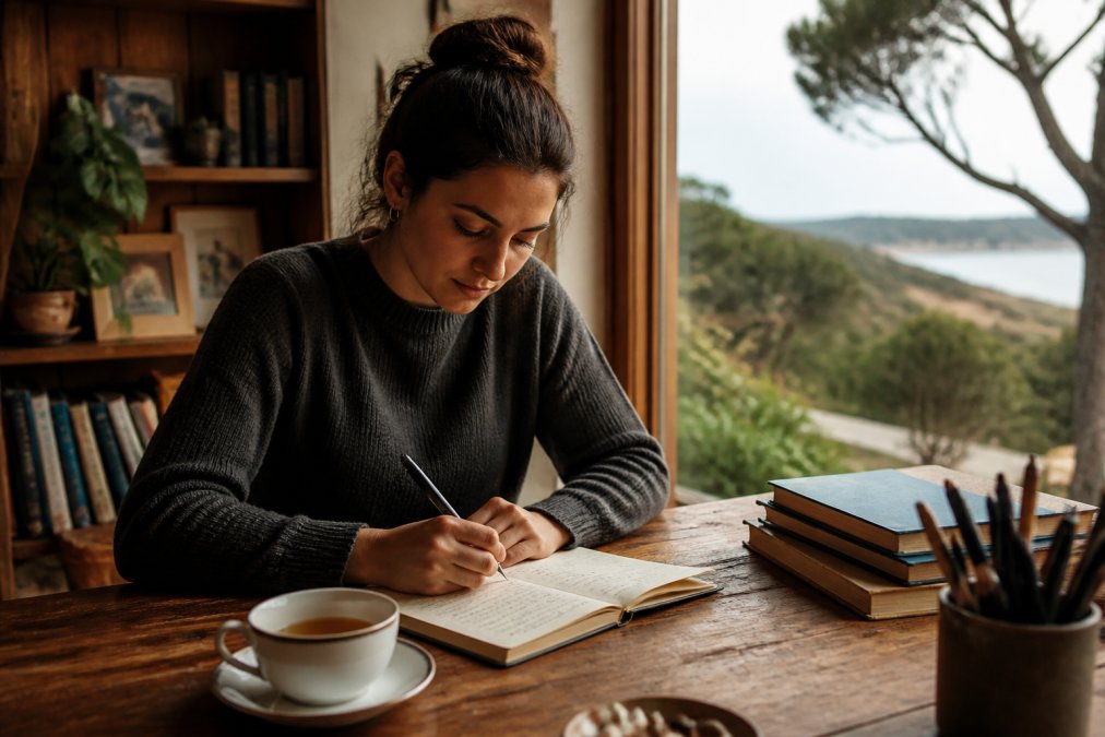 Professional illustration showing person and sitting and wooden concepts for creative writing coaching