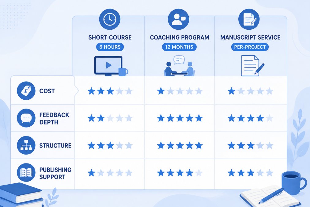 Comparison matrix of course types: short course 6 hours, coaching program 12 months, manuscript service per-project; scored against cost, feedback depth, structure, publishing support