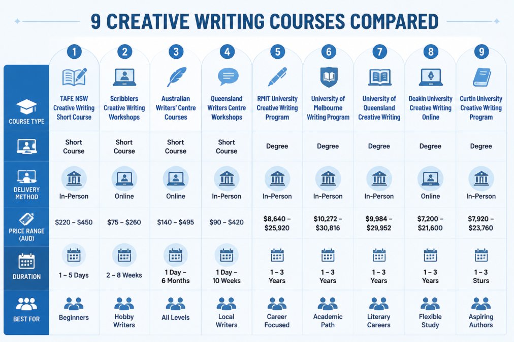 Feature comparison matrix showing course type (short course vs. degree), delivery method (online vs. in-person), price range, duration, and best-for audience across 9 creative writing options