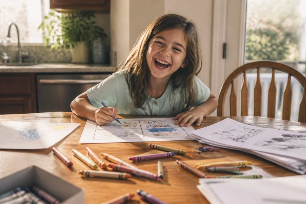 A child laughing while drawing a comic strip at a kitchen table, crayons and paper scattered around, warm afternoon light