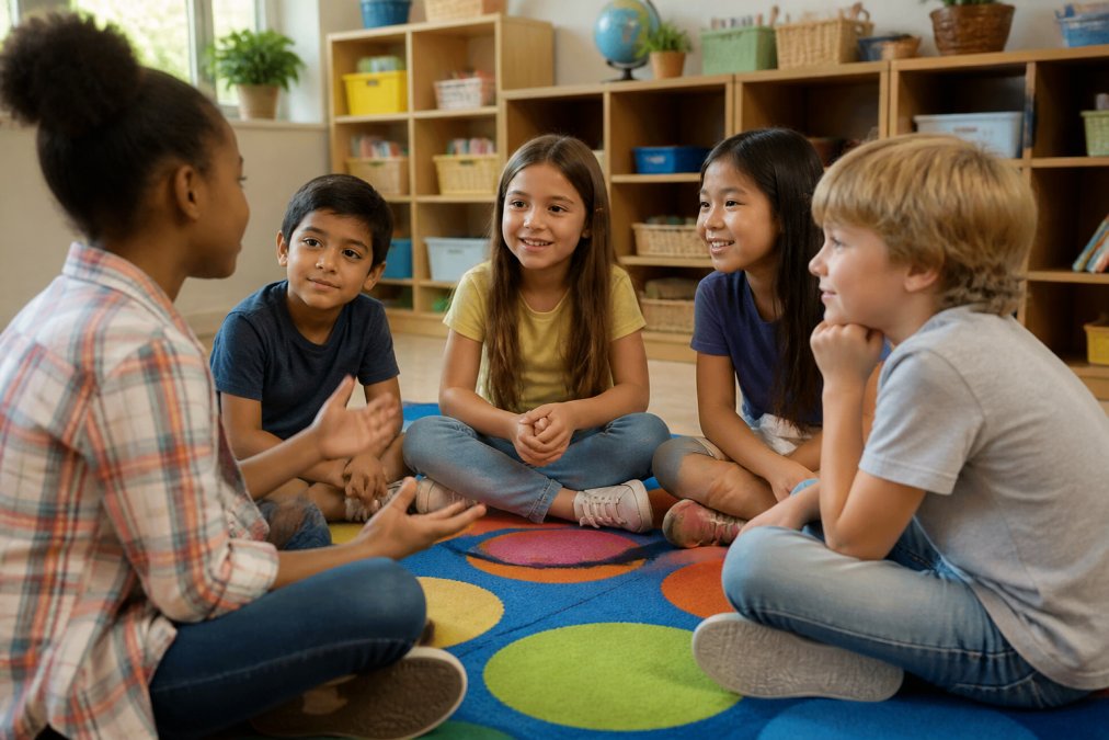 Elementary school students sitting in a circle on the classroom floor, engaged in collaborative storytelling, with one student speaking while others listen attentively and smile