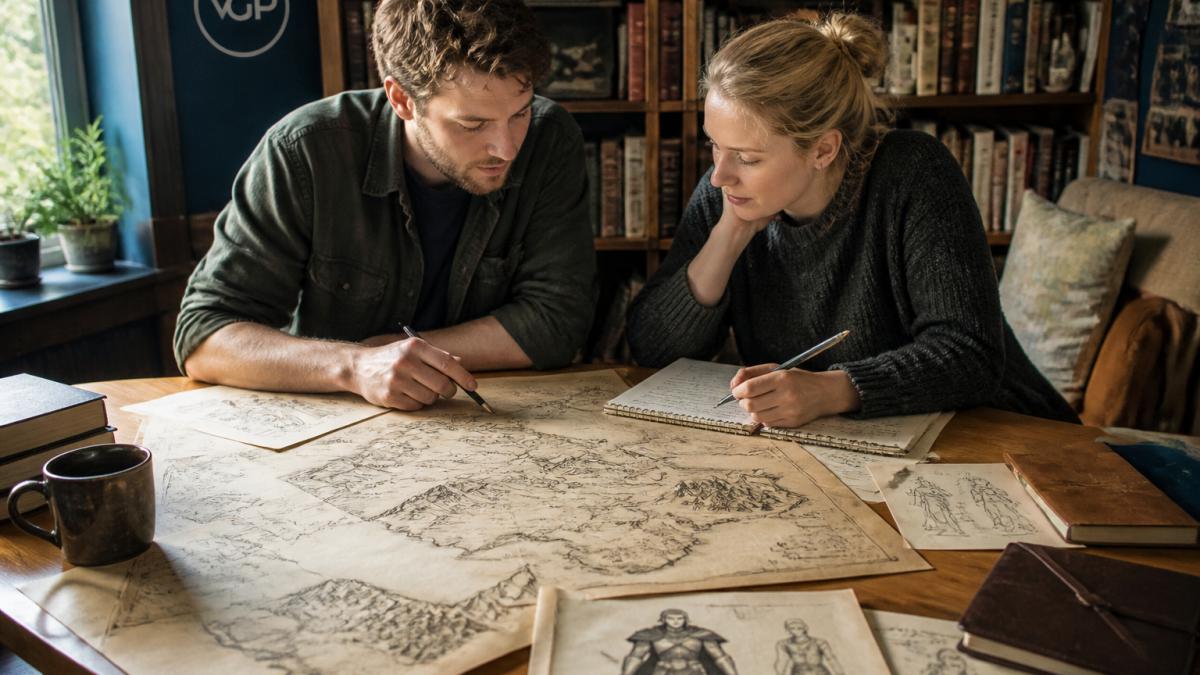 A fantasy author and a consultant reviewing a hand-drawn map and character notes spread across a wooden desk, with a laptop open nearby in a warm home office