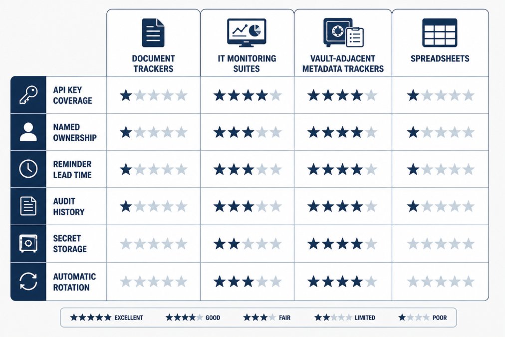 Comparison matrix of four tool categories (document trackers, IT monitoring suites, vault-adjacent metadata trackers, spreadsheets) scored across six rows: API key coverage, named ownership, reminder lead time, audit history, secret storage, automatic rotation