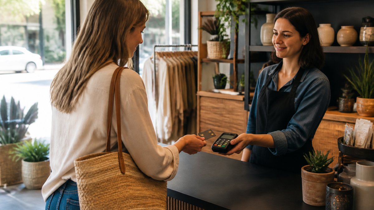 Small business owner using a card reader for credit card processing at a retail counter with a customer