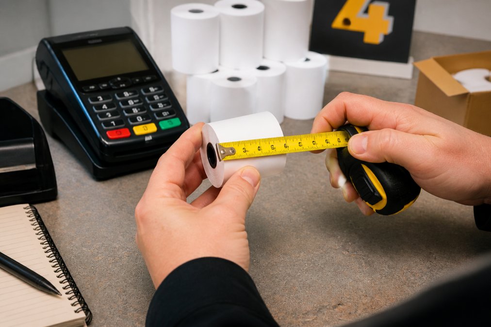 Close-up of hands using a measuring tape to measure the diameter of a thermal paper roll on a clean counter, with a card machine visible in the background