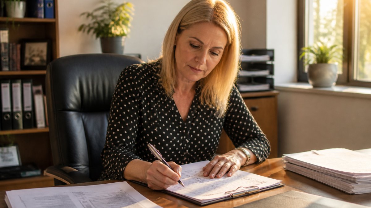 Professional landlord or property manager reviewing tenant application documents, references, and checklist at desk with pen and computer, natural office lighting
