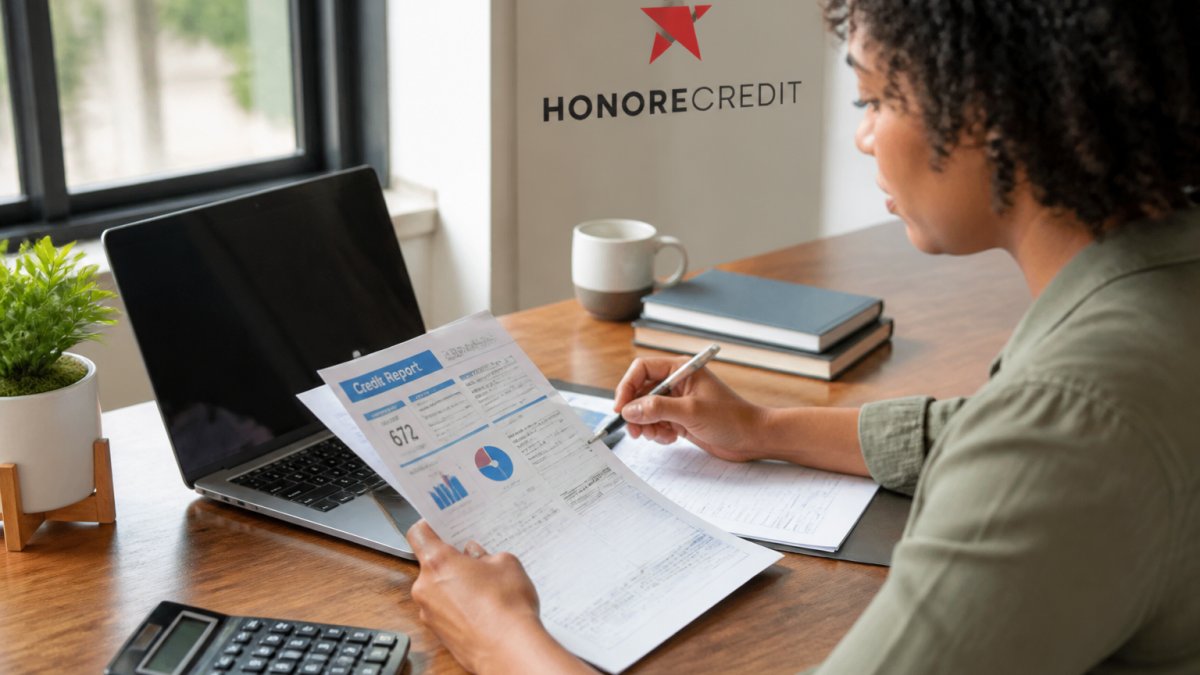 Person sitting at desk reviewing credit report documents on laptop screen with pen in hand, natural office lighting from window