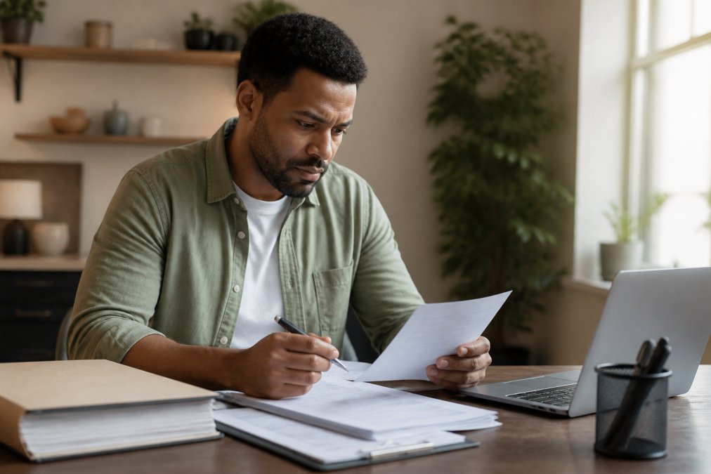 Small business owner at desk reviewing credit report documents with pen in hand, focused expression, modern home office setting with laptop and filing materials
