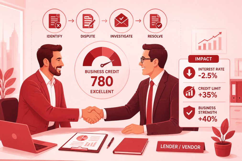Small business owner in professional meeting shaking hands with lender or vendor, both smiling, bright office environment with business documents on table