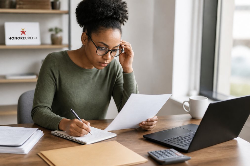 Person reviewing credit report documents at a desk with laptop and notebook, looking focused and determined while taking notes